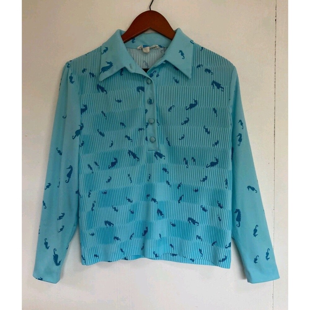 VTG Hal Ferman Shirt Womens 16 Blue Disco Seahorse 70s Coastal Beach Nautical